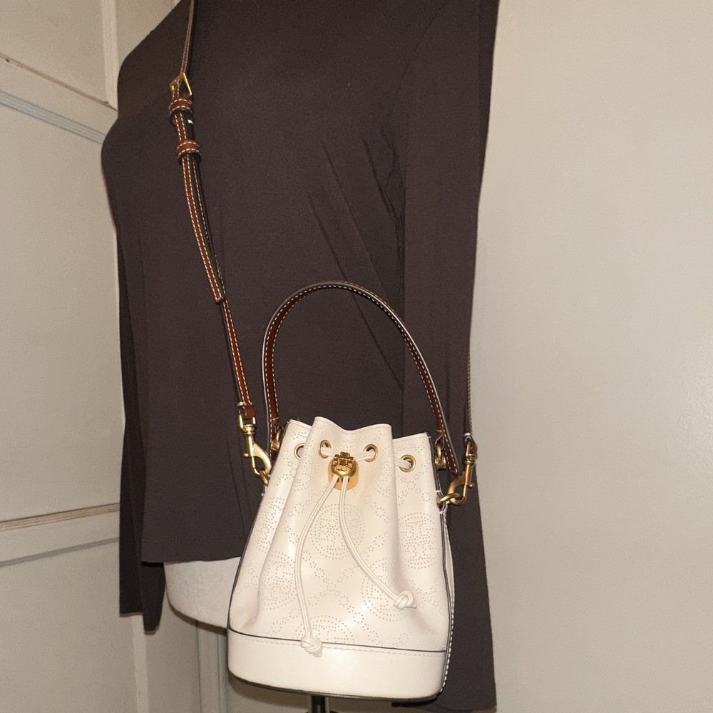 Tory Burch MINI Beige Perforated Drawstring Bucket Bag Brown Strap Gold NWOT